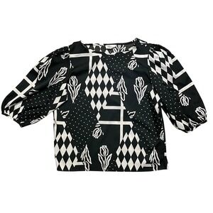 VINTAGE Levi Strauss & Co Blouse black white geometric floral Puffy Sleeves READ